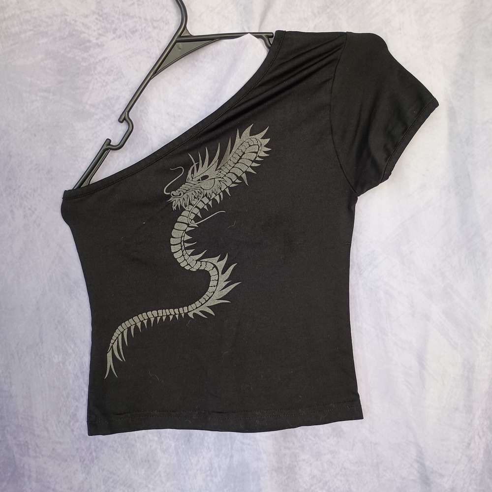 Black One Shoulder Dragon Graphic Y2K Asymmetrical Crop Top